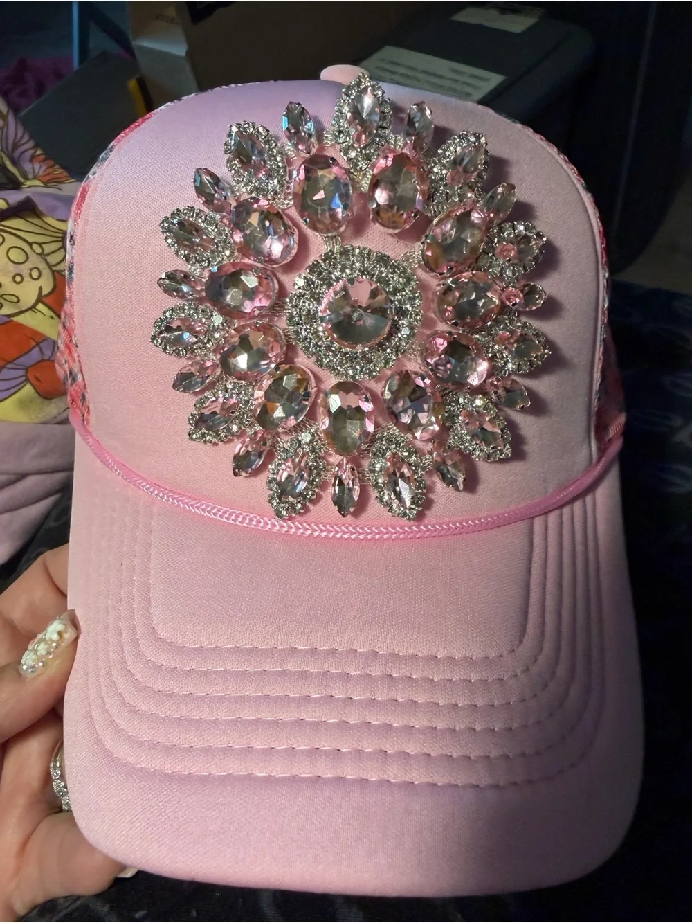 New Handmade Pretty in Pink Bling Rhinestone Floral Trucker Hat